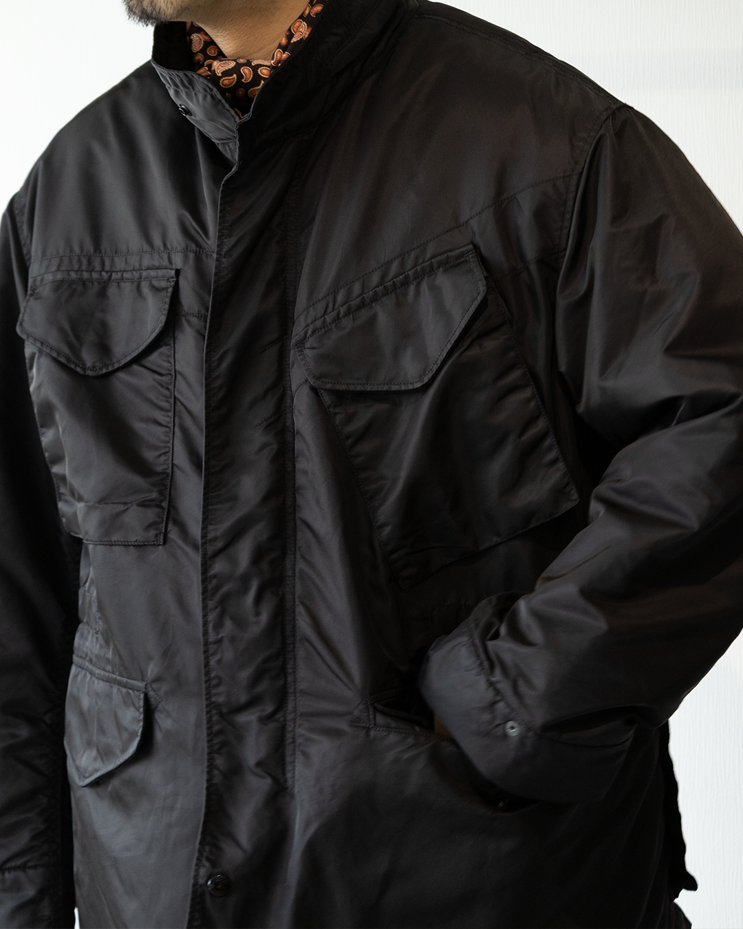 ENGINEERED GARMENTS M65 FIELD JACKET - BLACK FLIGHT SATIN NYLON.